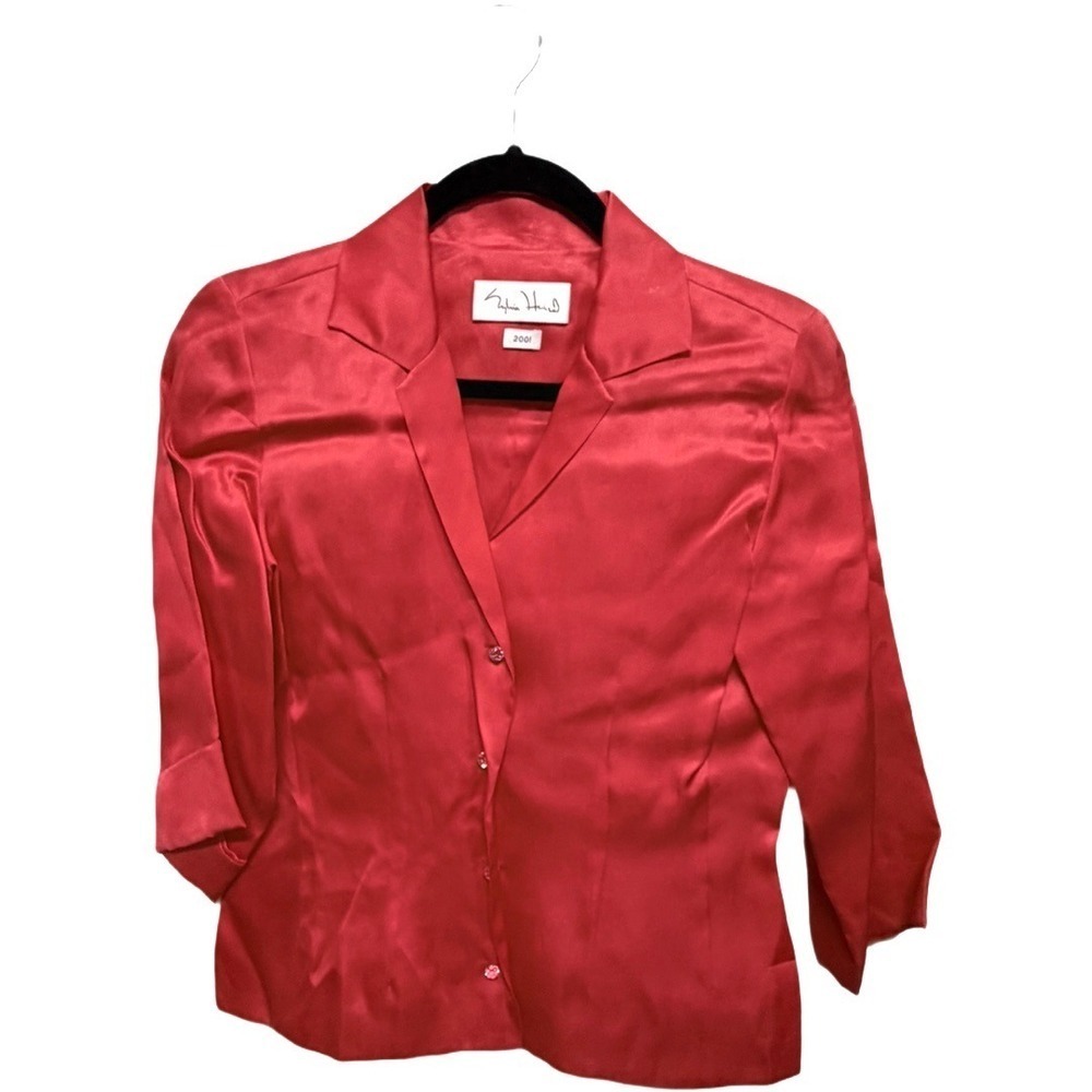 Sylvia Heisel Formal Rhinestone Silk Blouse Rhinestone Button Red Top Vintage 6